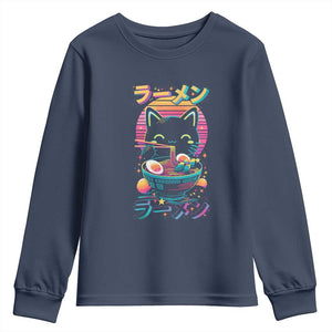 Retro Kawaii Ramen Cat Graphic Youth Sweatshirt Cute Anime Japanese Japan Inspo TS02 Navy Print Your Wear