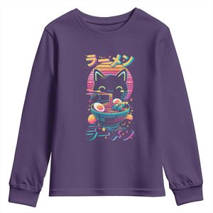 Retro Kawaii Ramen Cat Graphic Youth Sweatshirt Cute Anime Japanese Japan Inspo TS02 Purple Print Your Wear