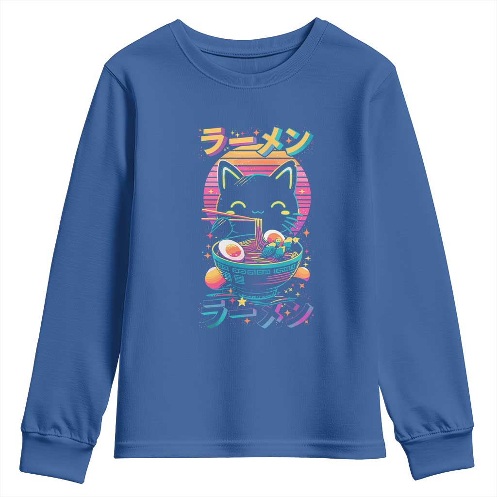 Retro Kawaii Ramen Cat Graphic Youth Sweatshirt Cute Anime Japanese Japan Inspo TS02 Royal Blue Print Your Wear