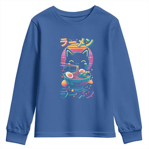 Retro Kawaii Ramen Cat Graphic Youth Sweatshirt Cute Anime Japanese Japan Inspo TS02 Royal Blue Print Your Wear