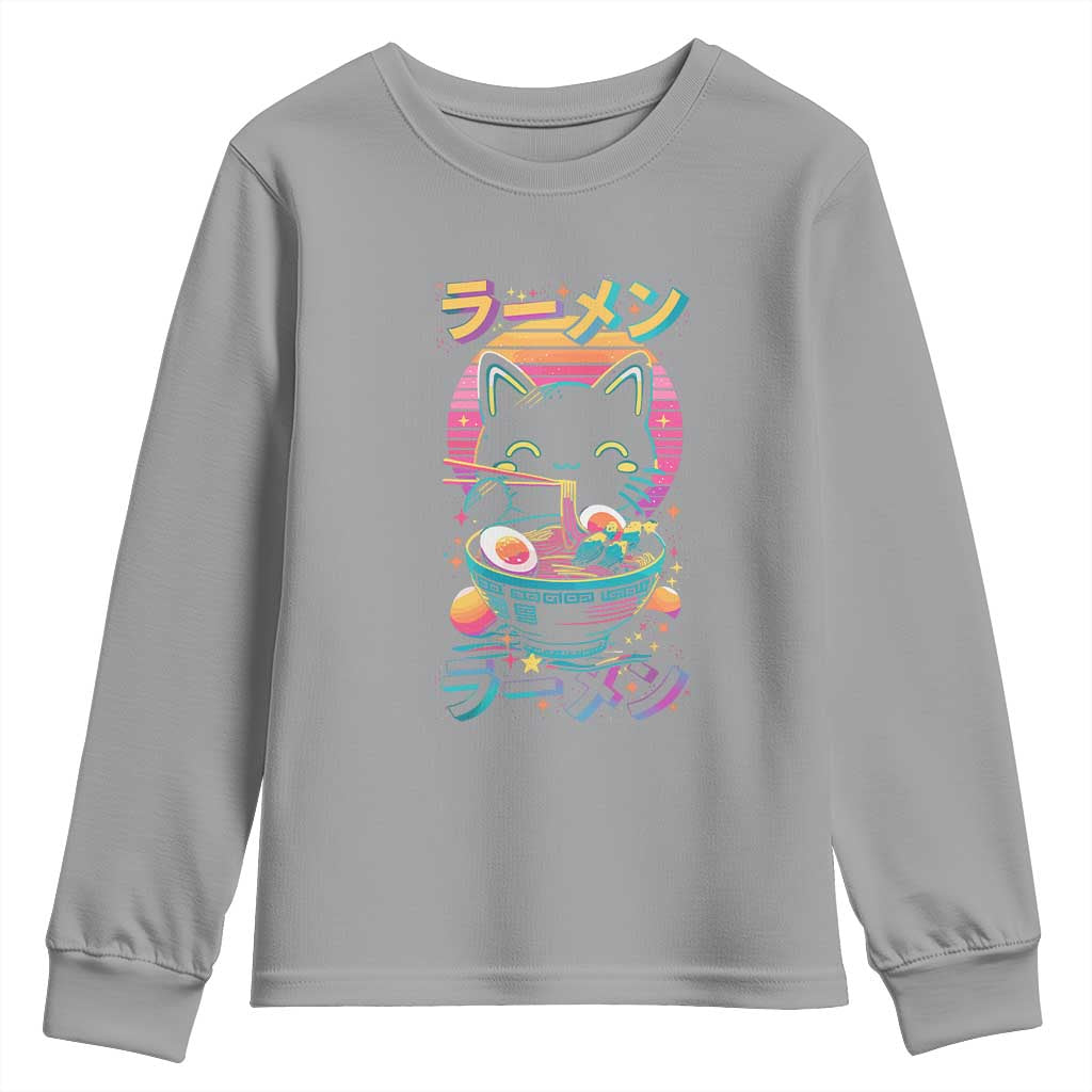 Retro Kawaii Ramen Cat Graphic Youth Sweatshirt Cute Anime Japanese Japan Inspo TS02 Sport Gray Print Your Wear