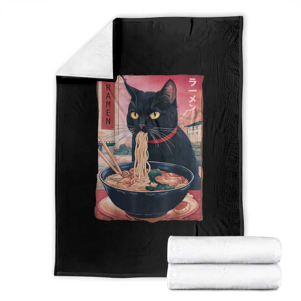 Sarcastic Black Cat Eating Ramen Throw Blanket Funny Japanese Kawaii Cats Anime Graphic TS02 Black Print Your Wear