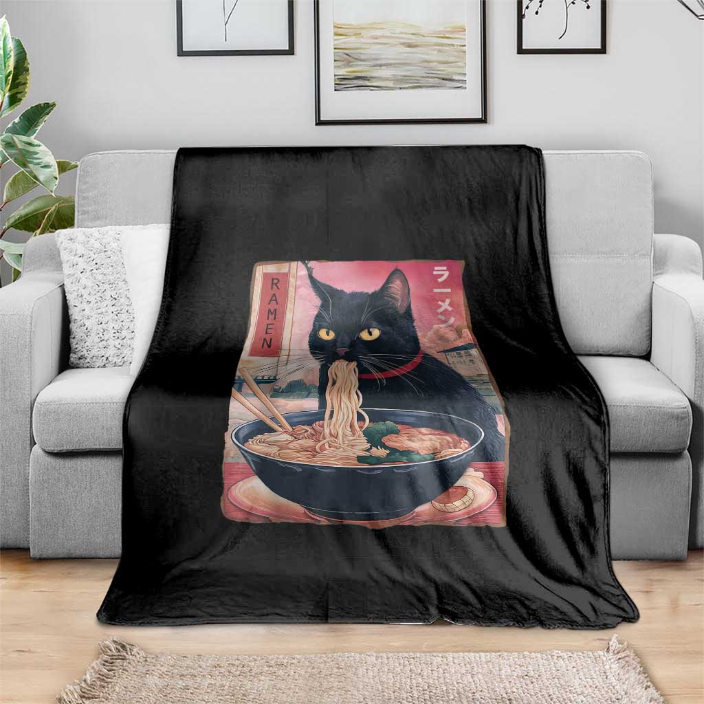 Sarcastic Black Cat Eating Ramen Throw Blanket Funny Japanese Kawaii Cats Anime Graphic TS02 Print Your Wear