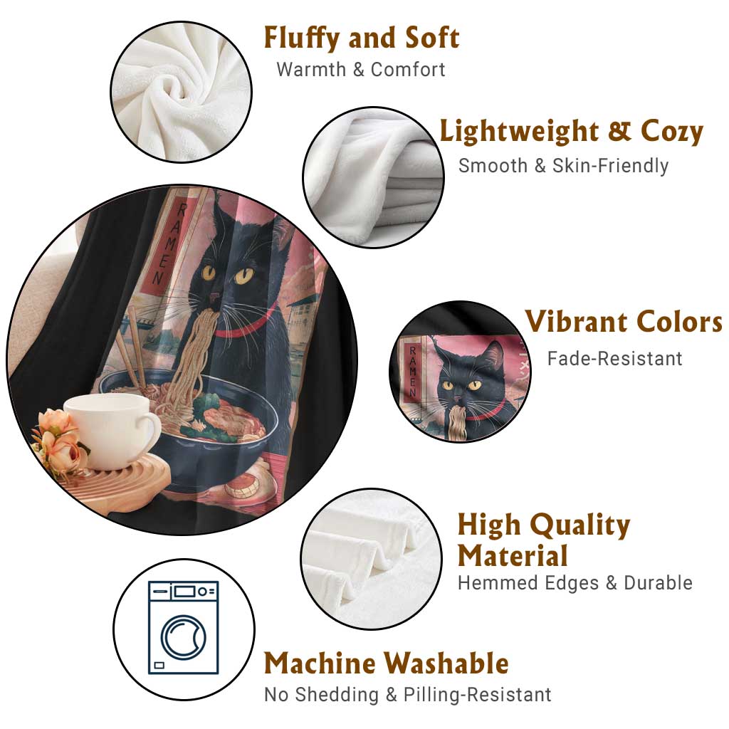 Sarcastic Black Cat Eating Ramen Throw Blanket Funny Japanese Kawaii Cats Anime Graphic TS02 Print Your Wear