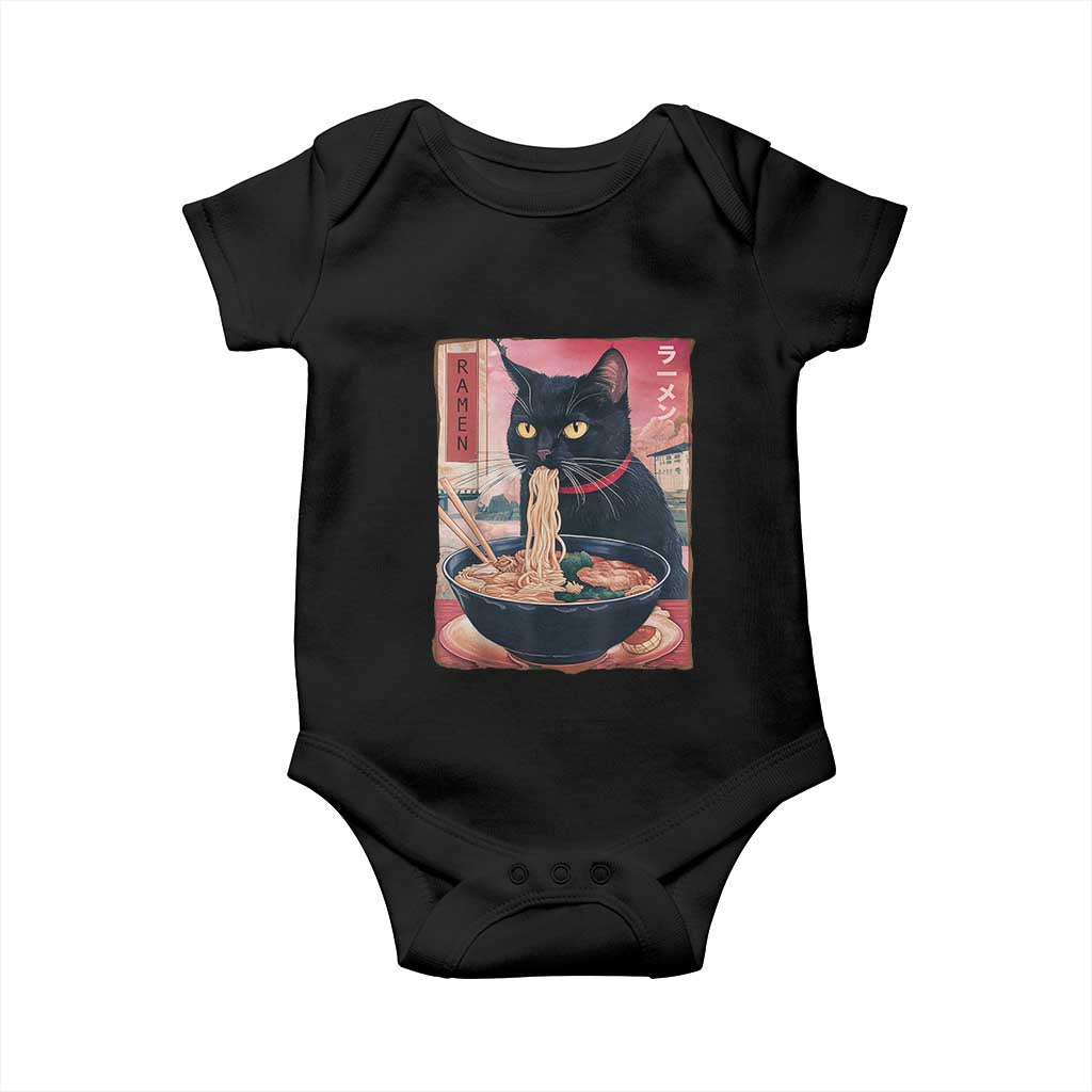 Sarcastic Black Cat Eating Ramen Baby Onesie Funny Japanese Kawaii Cats Anime Graphic TS02 Black Print Your Wear