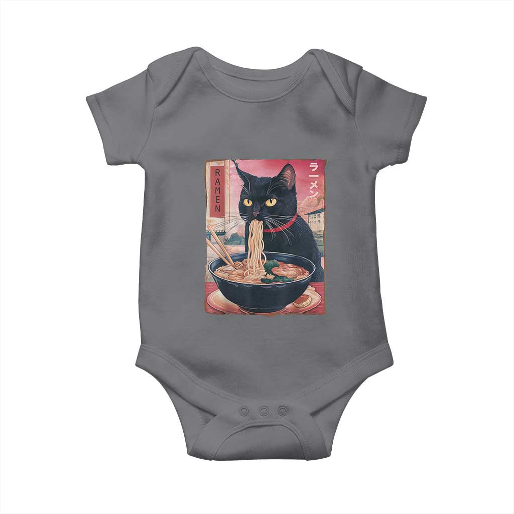 Sarcastic Black Cat Eating Ramen Baby Onesie Funny Japanese Kawaii Cats Anime Graphic TS02 Charcoal Print Your Wear