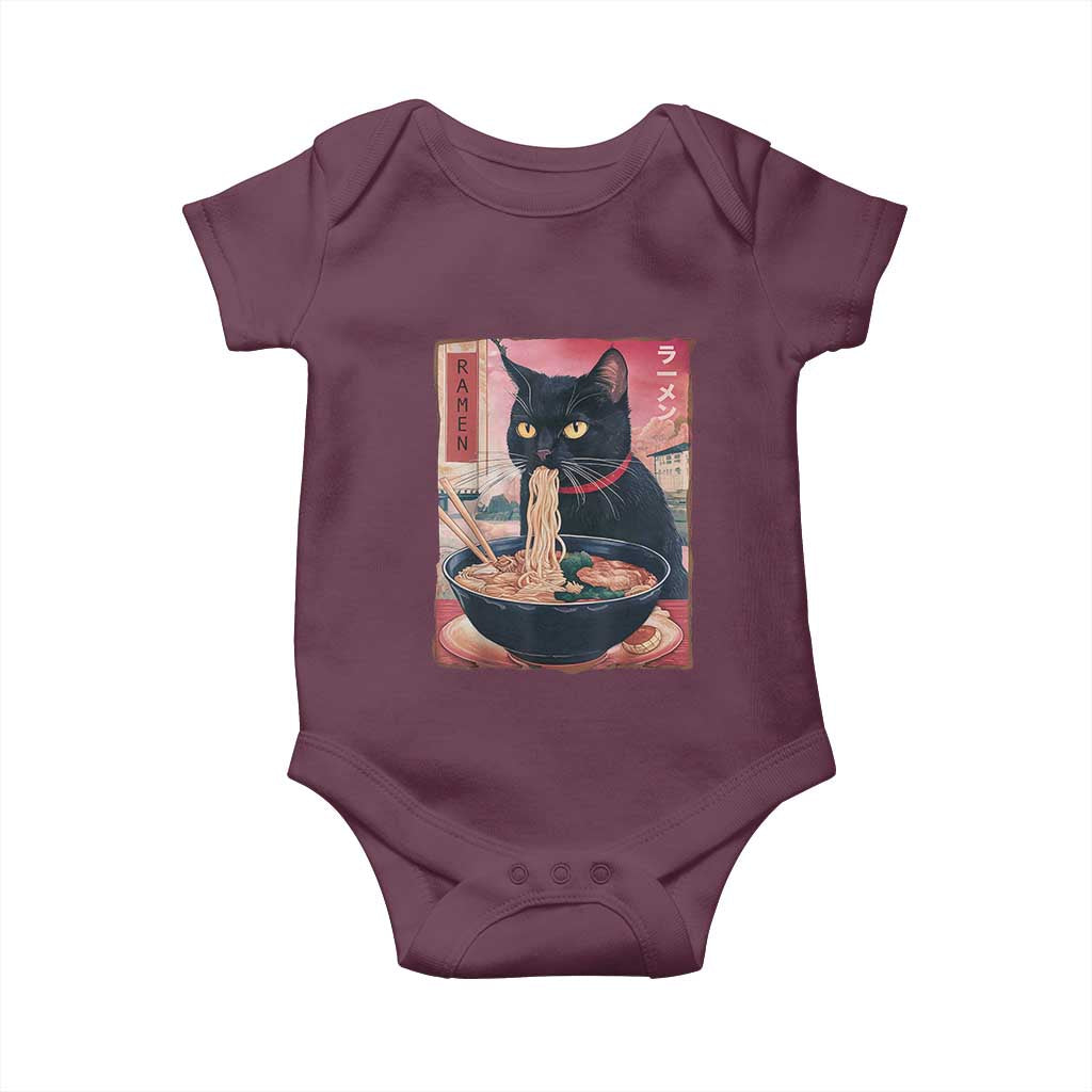 Sarcastic Black Cat Eating Ramen Baby Onesie Funny Japanese Kawaii Cats Anime Graphic TS02 Maroon Print Your Wear