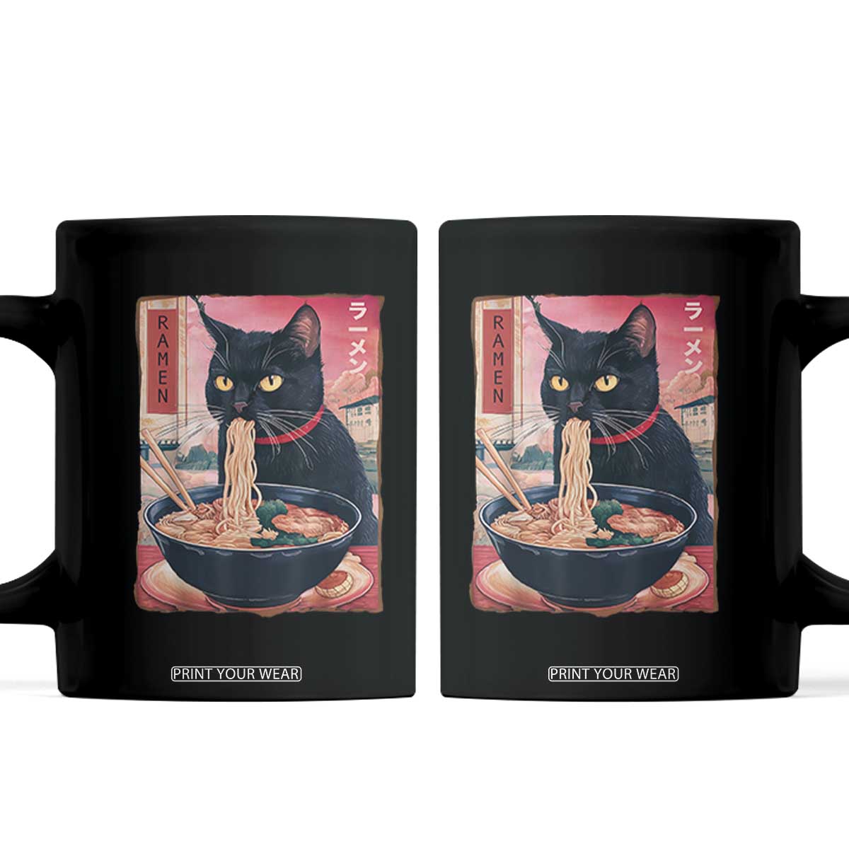 Sarcastic Black Cat Eating Ramen Coffee Mug Funny Japanese Kawaii Cats Anime Graphic TS02 Black Print Your Wear