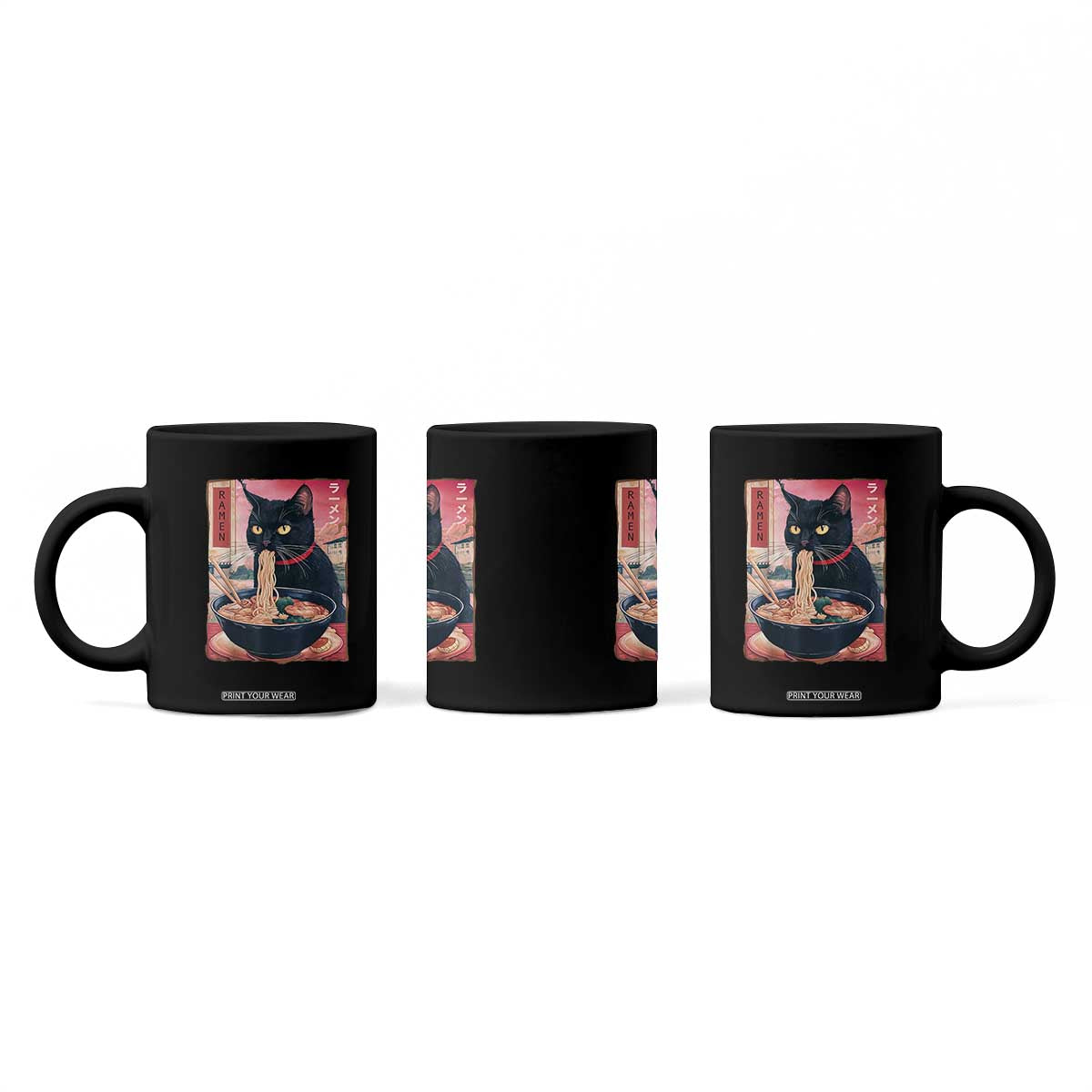 Sarcastic Black Cat Eating Ramen Coffee Mug Funny Japanese Kawaii Cats Anime Graphic TS02 Print Your Wear