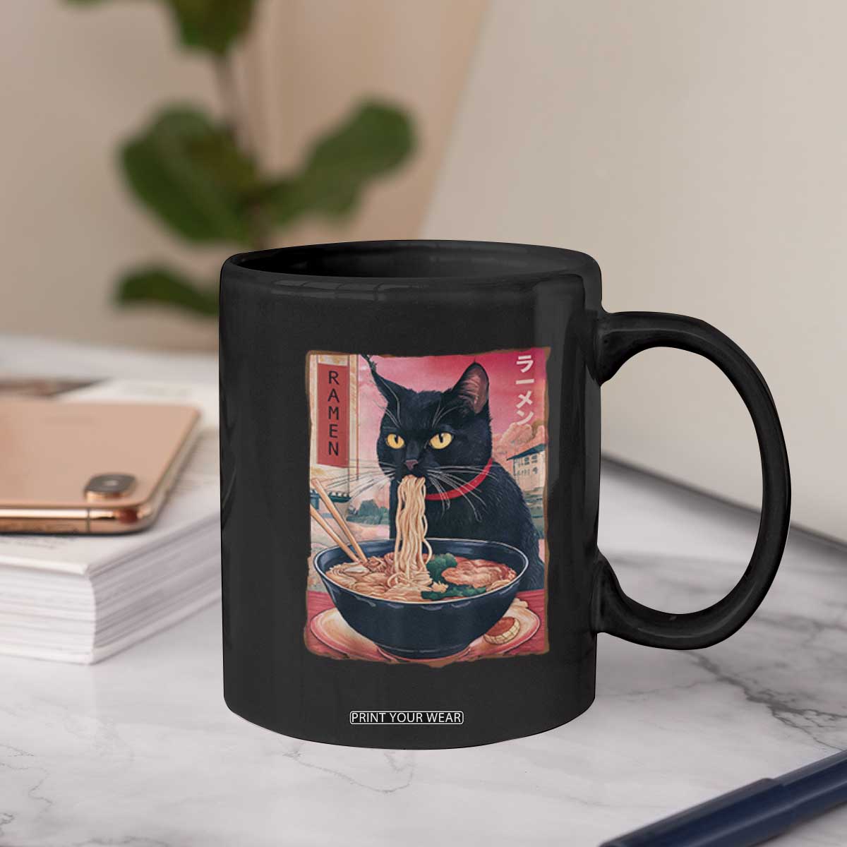 Sarcastic Black Cat Eating Ramen Coffee Mug Funny Japanese Kawaii Cats Anime Graphic TS02 Print Your Wear