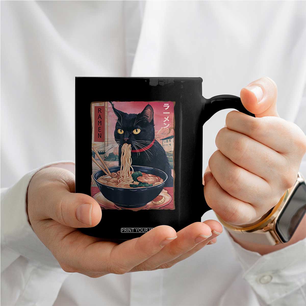 Sarcastic Black Cat Eating Ramen Coffee Mug Funny Japanese Kawaii Cats Anime Graphic TS02 Print Your Wear