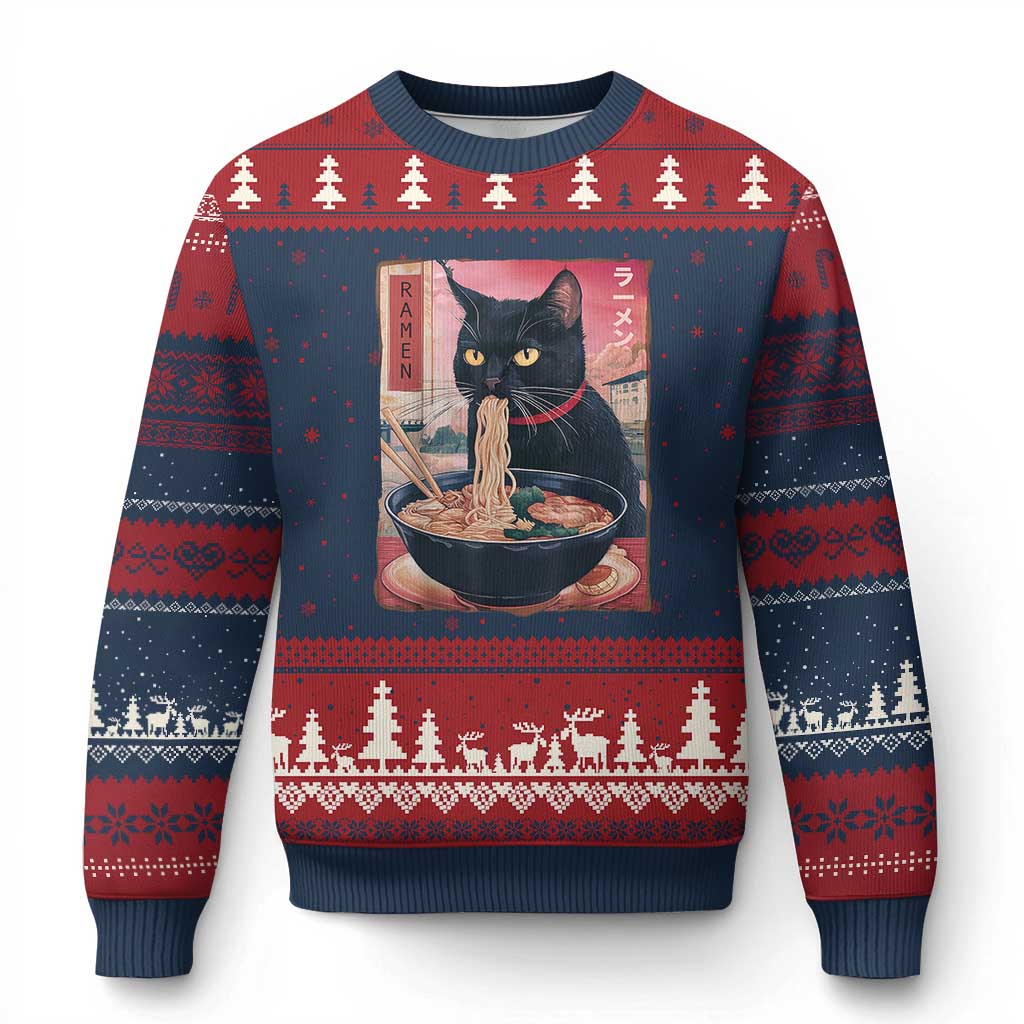 Sarcastic Black Cat Eating Ramen Ugly Christmas Sweater Funny Japanese Kawaii Cats Anime Graphic TS02 Navy Red Print Your Wear