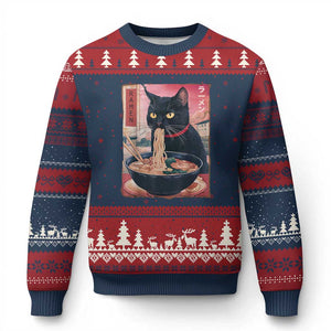 Sarcastic Black Cat Eating Ramen Ugly Christmas Sweater Funny Japanese Kawaii Cats Anime Graphic TS02 Navy Red Print Your Wear
