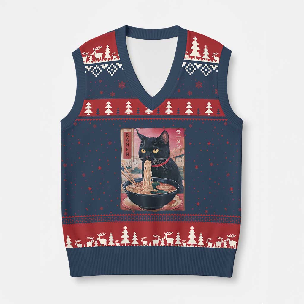 Sarcastic Black Cat Eating Ramen V-Neck Knit Sweater Vest Funny Japanese Kawaii Cats Anime Graphic TS02 Navy Red Print Your Wear