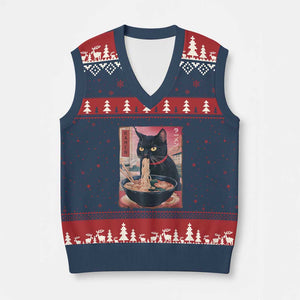 Sarcastic Black Cat Eating Ramen V-Neck Knit Sweater Vest Funny Japanese Kawaii Cats Anime Graphic TS02 Navy Red Print Your Wear