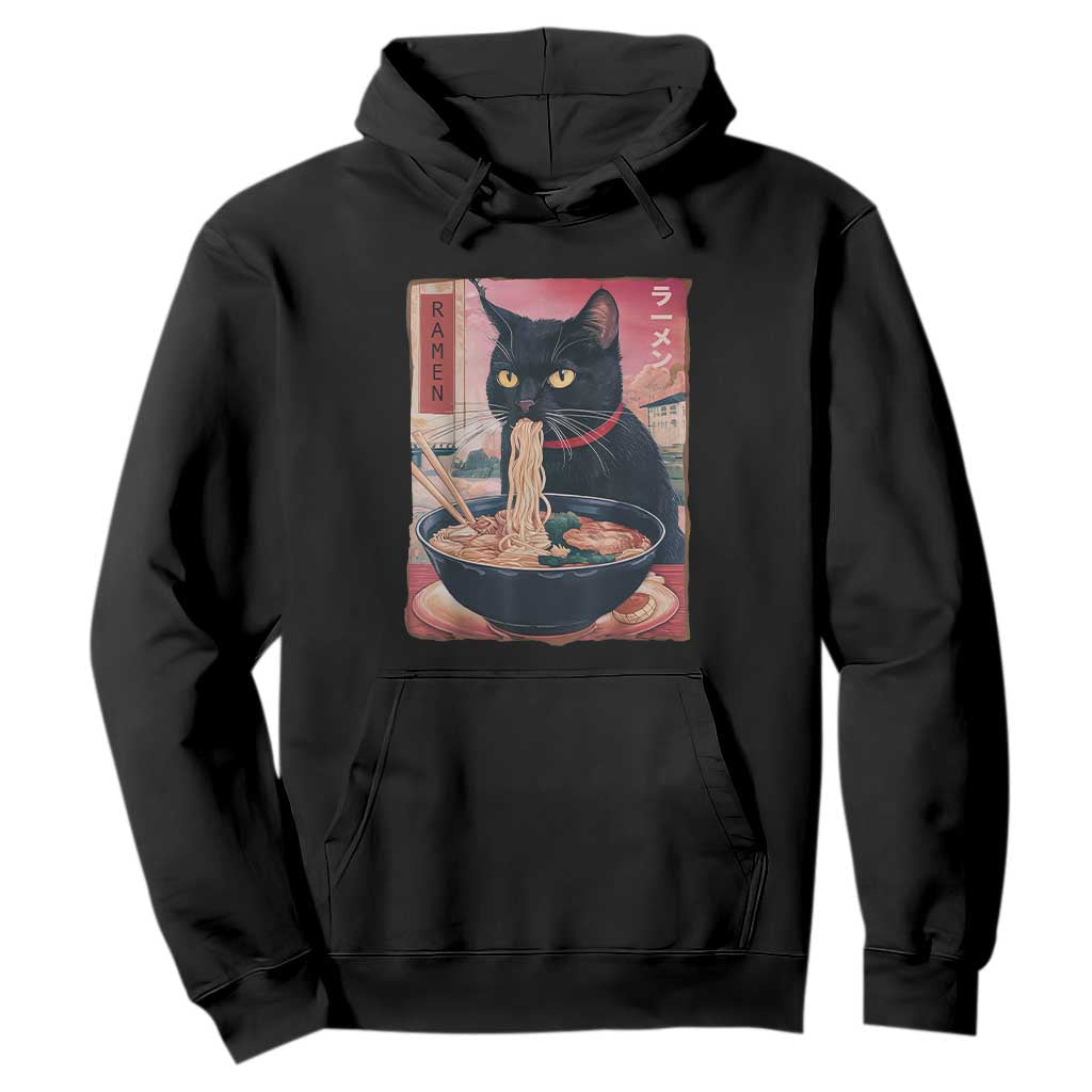 Sarcastic Black Cat Eating Ramen Hoodie Funny Japanese Kawaii Cats Anime Graphic TS02 Black Print Your Wear