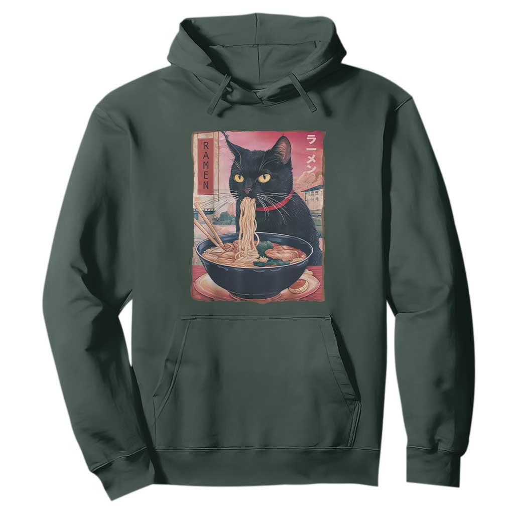 Sarcastic Black Cat Eating Ramen Hoodie Funny Japanese Kawaii Cats Anime Graphic TS02 Dark Forest Green Print Your Wear