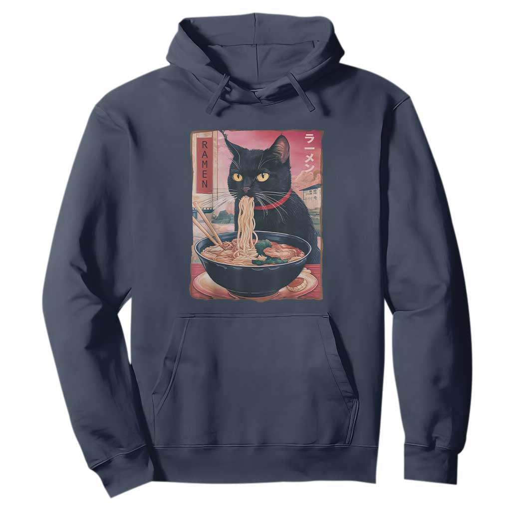 Sarcastic Black Cat Eating Ramen Hoodie Funny Japanese Kawaii Cats Anime Graphic TS02 Navy Print Your Wear