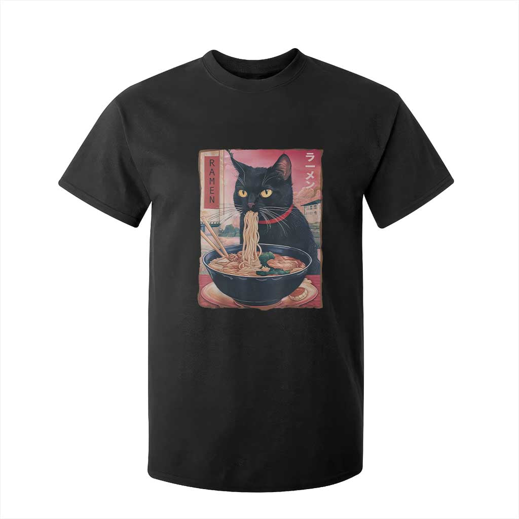 Sarcastic Black Cat Eating Ramen T Shirt For Kid Funny Japanese Kawaii Cats Anime Graphic TS02 Black Print Your Wear