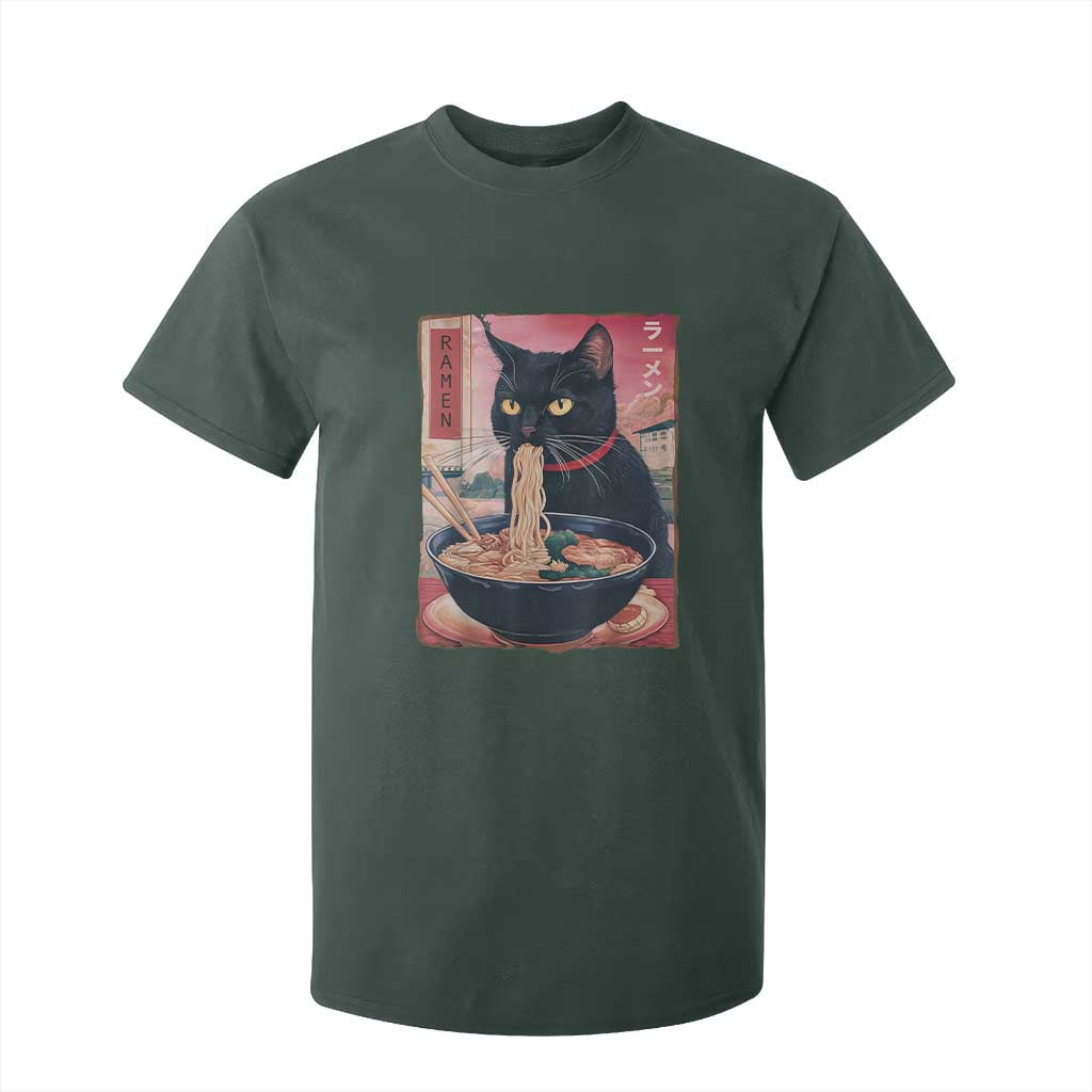 Sarcastic Black Cat Eating Ramen T Shirt For Kid Funny Japanese Kawaii Cats Anime Graphic TS02 Dark Forest Green Print Your Wear