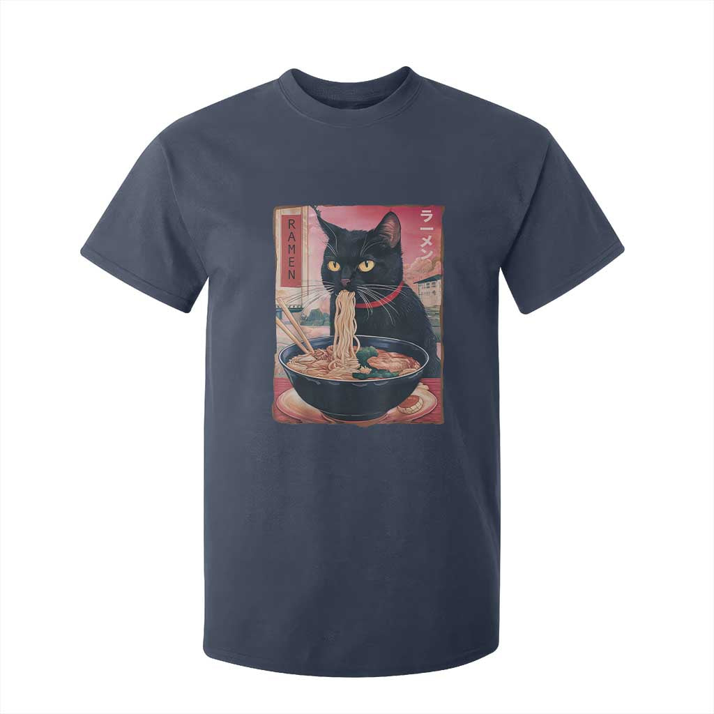 Sarcastic Black Cat Eating Ramen T Shirt For Kid Funny Japanese Kawaii Cats Anime Graphic TS02 Navy Print Your Wear