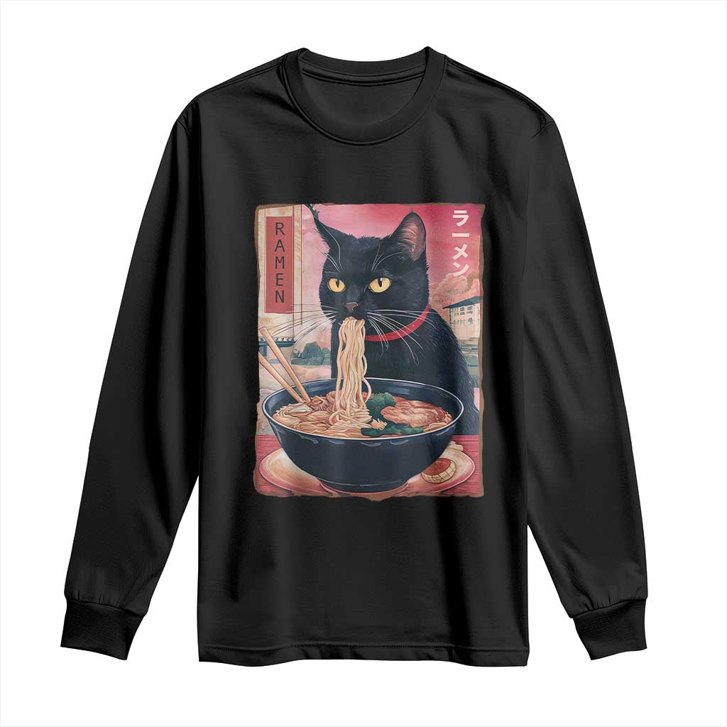 Sarcastic Black Cat Eating Ramen Long Sleeve Shirt Funny Japanese Kawaii Cats Anime Graphic TS02 Black Print Your Wear