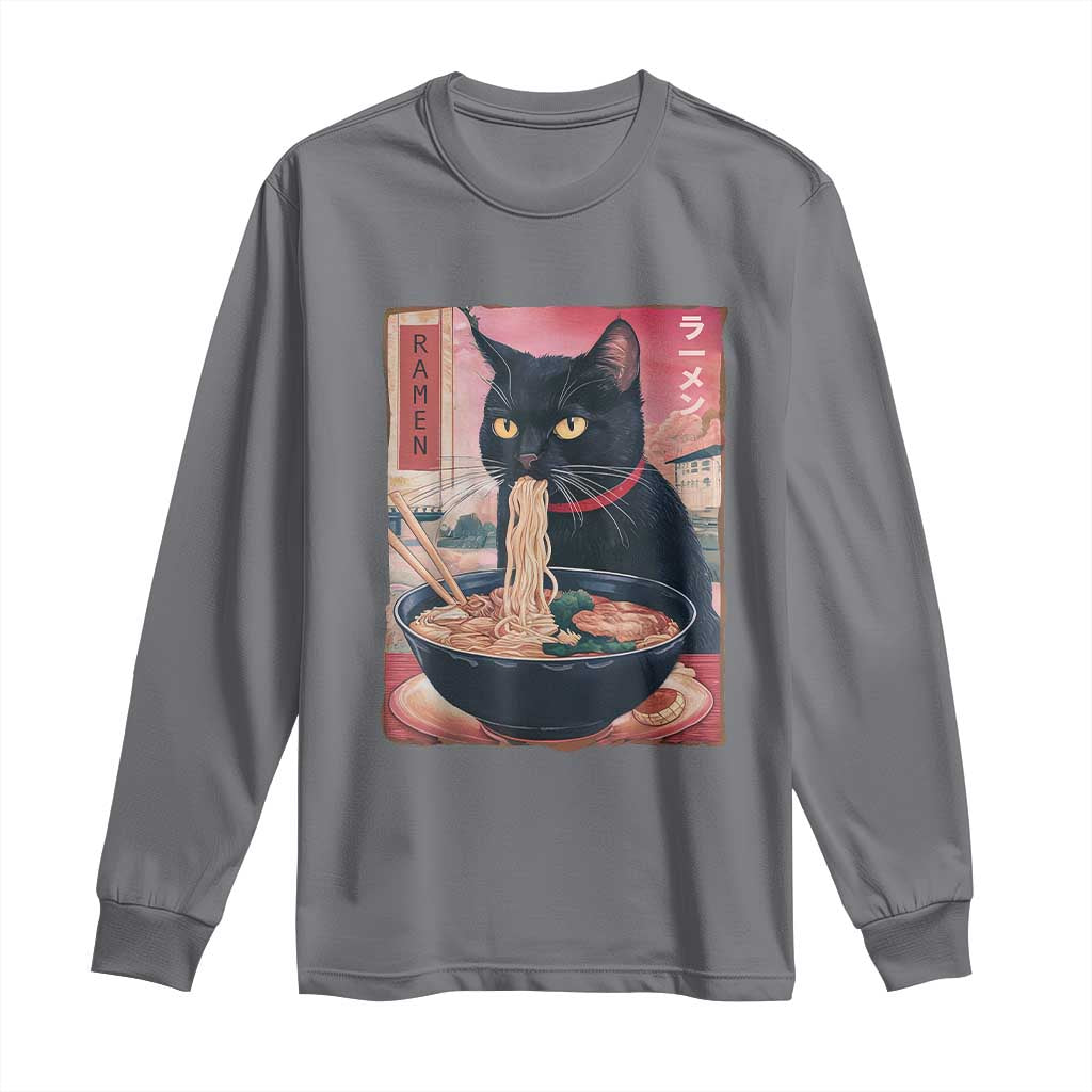 Sarcastic Black Cat Eating Ramen Long Sleeve Shirt Funny Japanese Kawaii Cats Anime Graphic TS02 Charcoal Print Your Wear