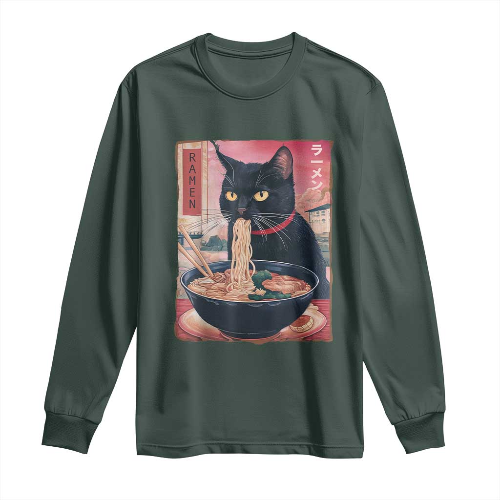 Sarcastic Black Cat Eating Ramen Long Sleeve Shirt Funny Japanese Kawaii Cats Anime Graphic TS02 Dark Forest Green Print Your Wear
