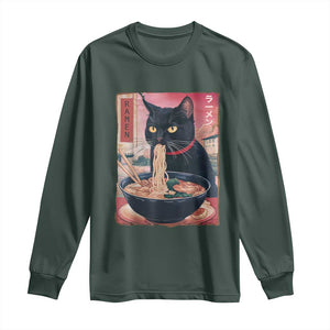 Sarcastic Black Cat Eating Ramen Long Sleeve Shirt Funny Japanese Kawaii Cats Anime Graphic TS02 Dark Forest Green Print Your Wear
