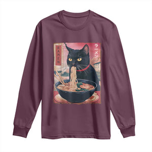 Sarcastic Black Cat Eating Ramen Long Sleeve Shirt Funny Japanese Kawaii Cats Anime Graphic TS02 Maroon Print Your Wear