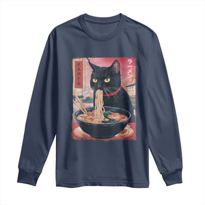 Sarcastic Black Cat Eating Ramen Long Sleeve Shirt Funny Japanese Kawaii Cats Anime Graphic TS02 Navy Print Your Wear