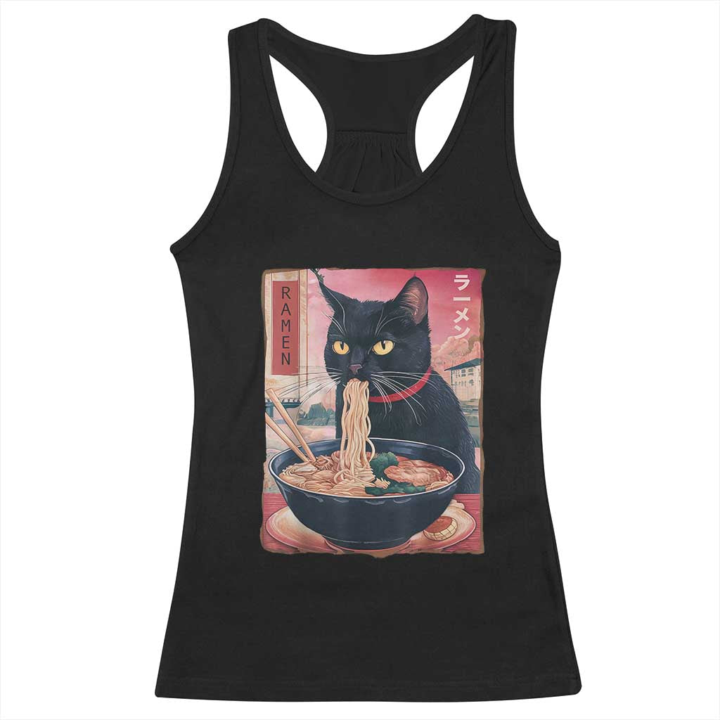 Sarcastic Black Cat Eating Ramen Racerback Tank Top Funny Japanese Kawaii Cats Anime Graphic TS02 Black Print Your Wear