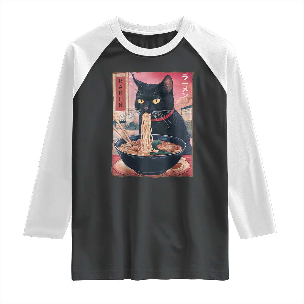 Sarcastic Black Cat Eating Ramen Raglan Shirt Funny Japanese Kawaii Cats Anime Graphic TS02 Black White Print Your Wear