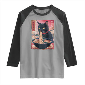 Sarcastic Black Cat Eating Ramen Raglan Shirt Funny Japanese Kawaii Cats Anime Graphic TS02 Sport Gray Black Print Your Wear