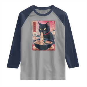 Sarcastic Black Cat Eating Ramen Raglan Shirt Funny Japanese Kawaii Cats Anime Graphic TS02 Sport Gray Navy Print Your Wear