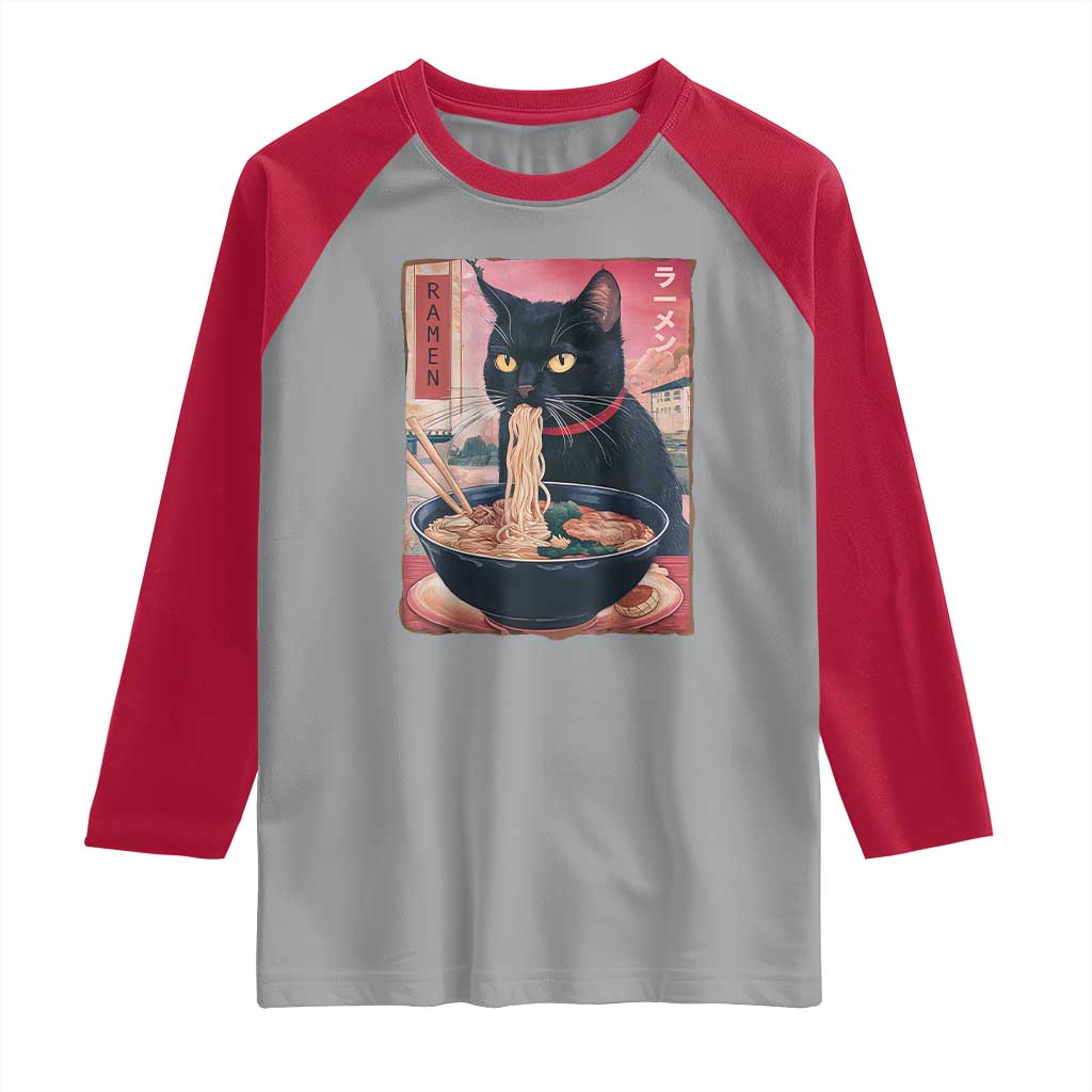 Sarcastic Black Cat Eating Ramen Raglan Shirt Funny Japanese Kawaii Cats Anime Graphic TS02 Sport Gray Red Print Your Wear