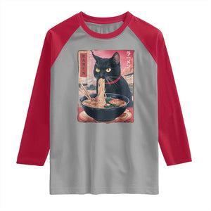 Sarcastic Black Cat Eating Ramen Raglan Shirt Funny Japanese Kawaii Cats Anime Graphic TS02 Sport Gray Red Print Your Wear