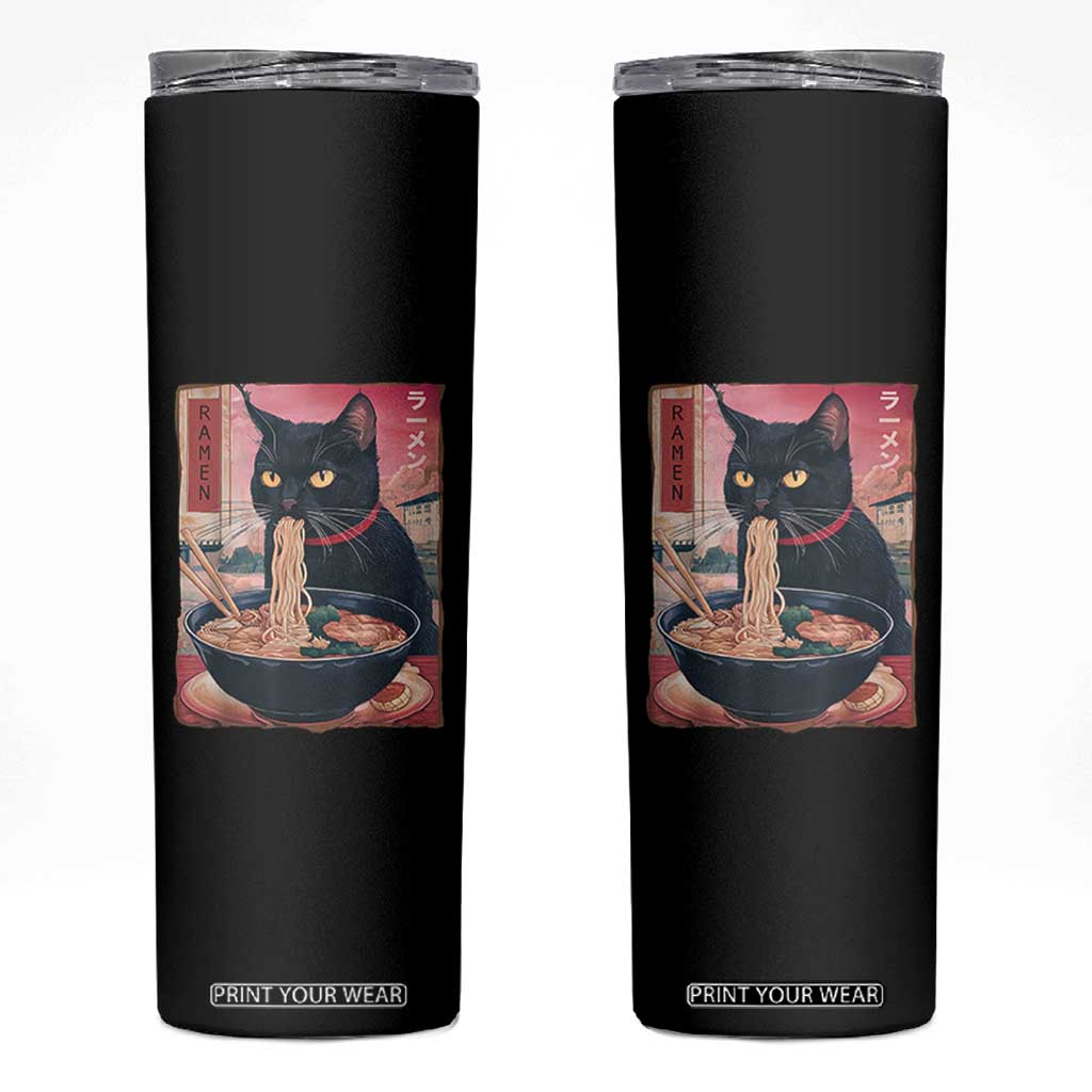 Sarcastic Black Cat Eating Ramen Skinny Tumbler Funny Japanese Kawaii Cats Anime Graphic TS02 Black Print Your Wear