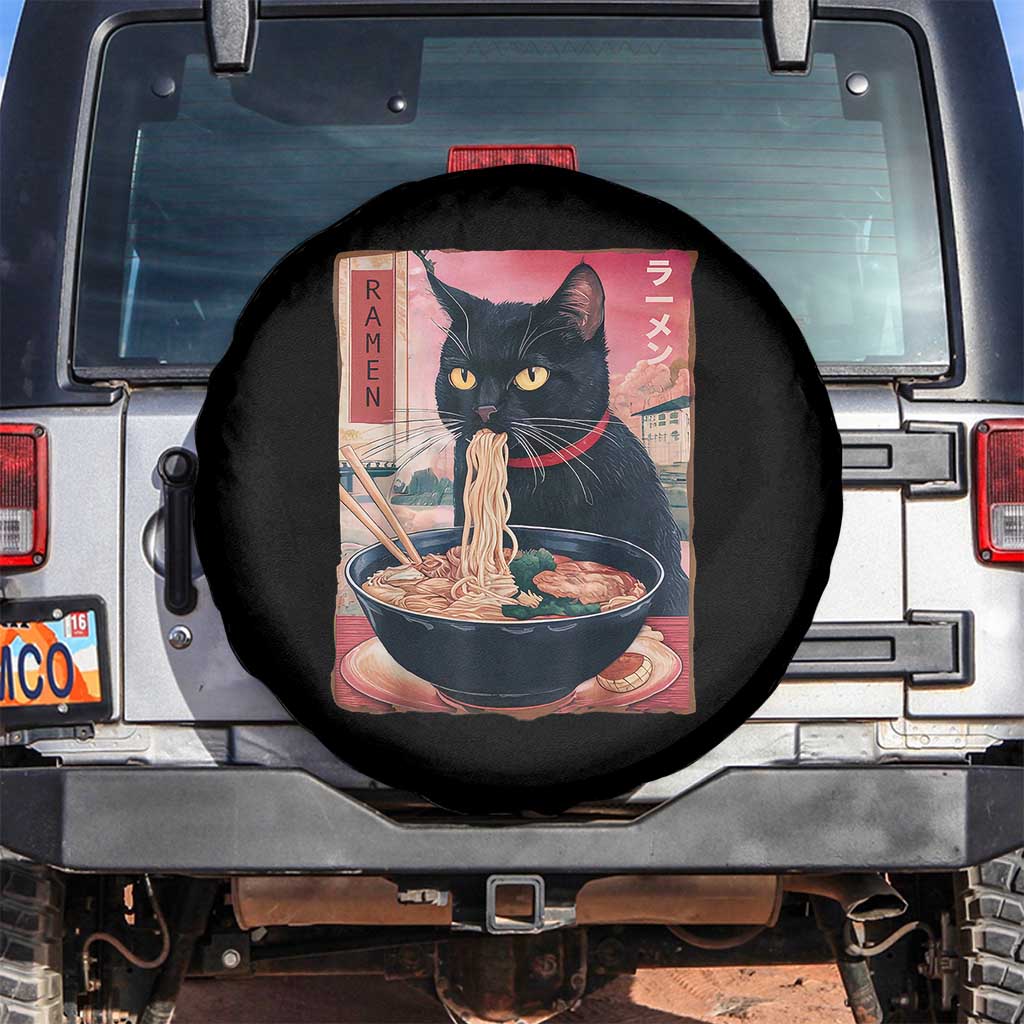 Sarcastic Black Cat Eating Ramen Spare Tire Cover Funny Japanese Kawaii Cats Anime Graphic TS02 No hole Black Print Your Wear