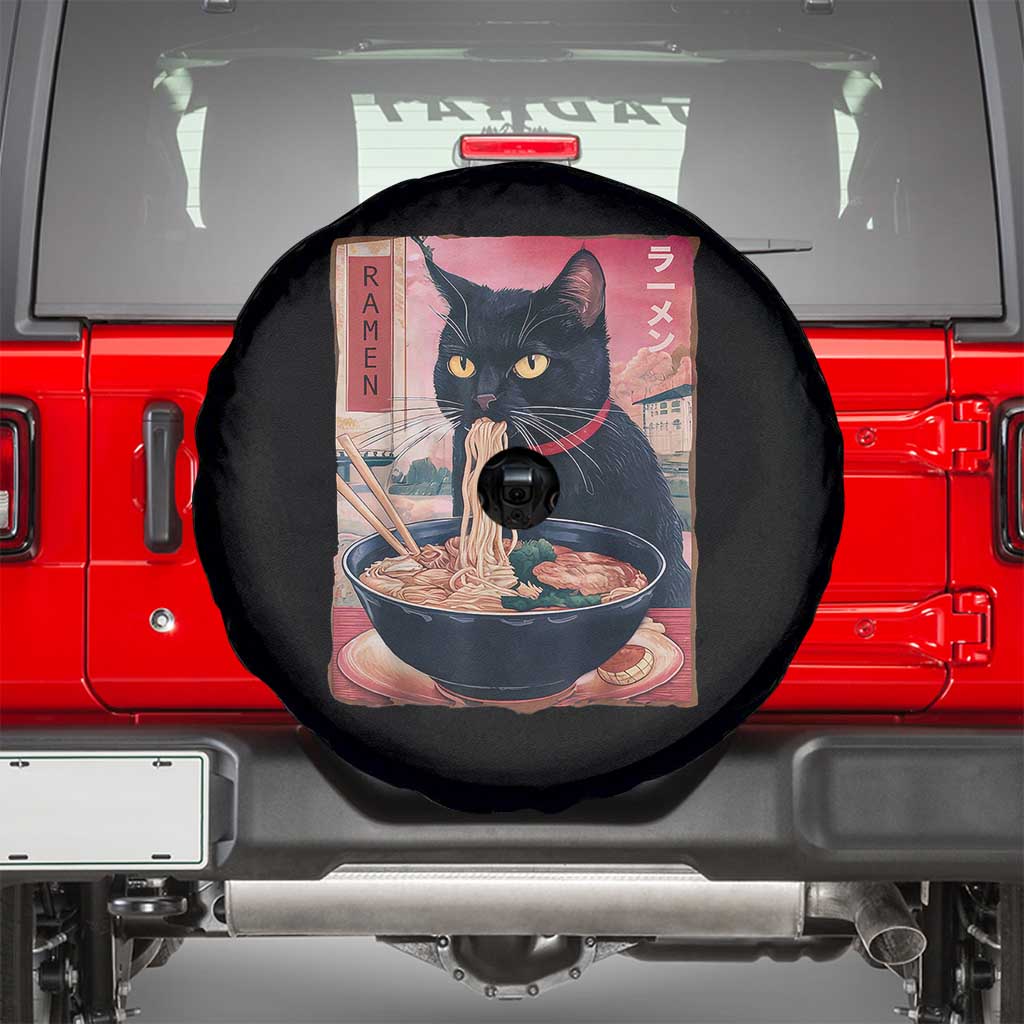 Sarcastic Black Cat Eating Ramen Spare Tire Cover Funny Japanese Kawaii Cats Anime Graphic TS02 Black Print Your Wear