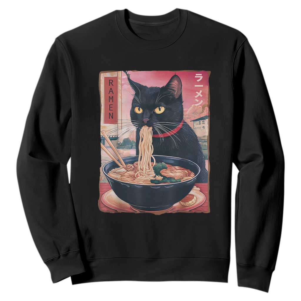 Sarcastic Black Cat Eating Ramen Sweatshirt Funny Japanese Kawaii Cats Anime Graphic TS02 Black Print Your Wear