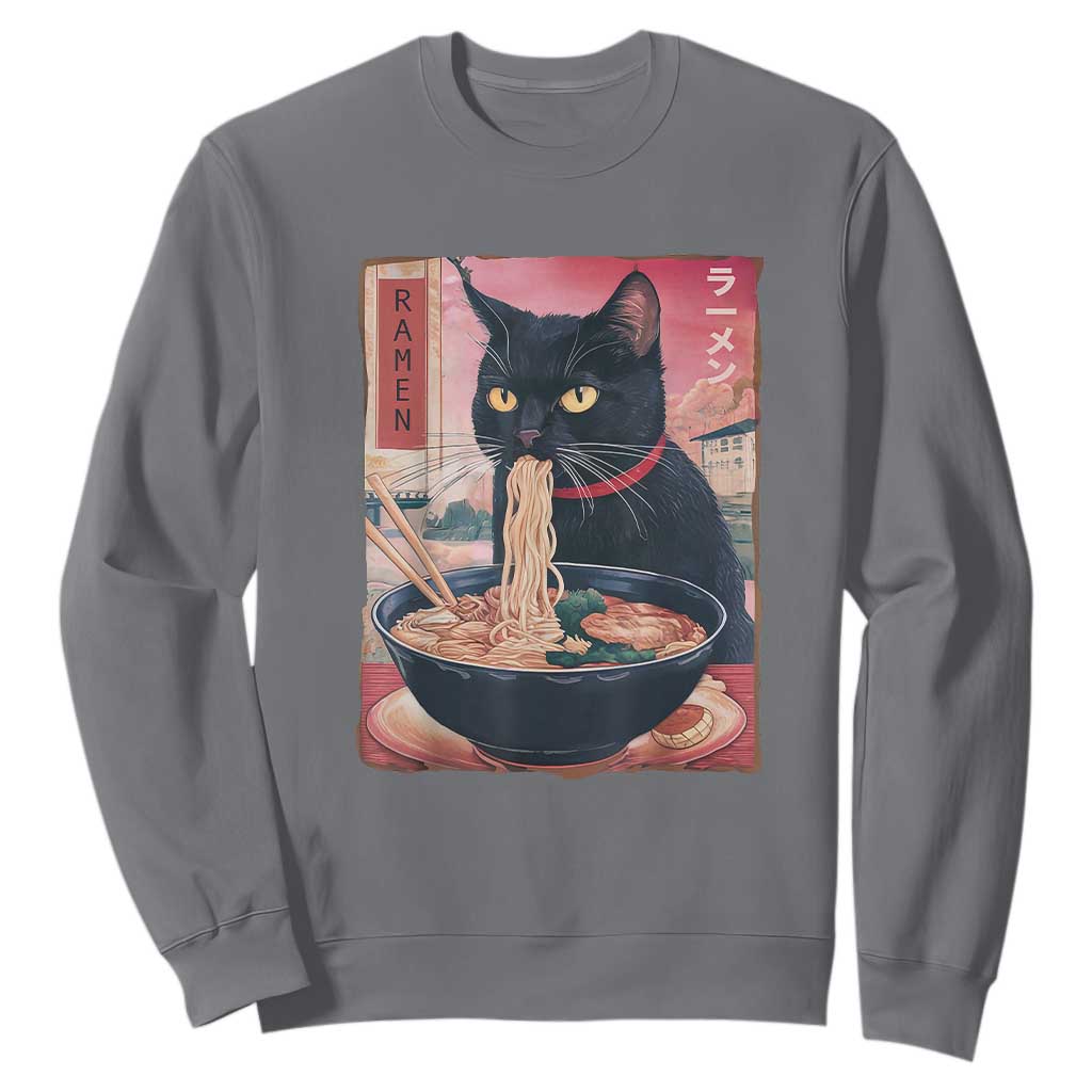 Sarcastic Black Cat Eating Ramen Sweatshirt Funny Japanese Kawaii Cats Anime Graphic TS02 Charcoal Print Your Wear