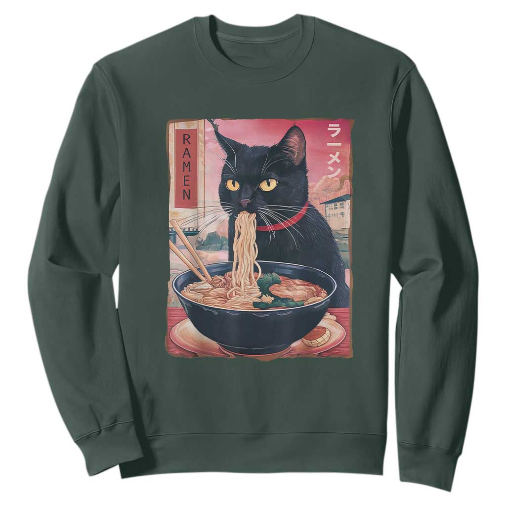 Sarcastic Black Cat Eating Ramen Sweatshirt Funny Japanese Kawaii Cats Anime Graphic TS02 Dark Forest Green Print Your Wear