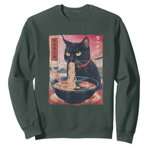 Sarcastic Black Cat Eating Ramen Sweatshirt Funny Japanese Kawaii Cats Anime Graphic TS02 Dark Forest Green Print Your Wear