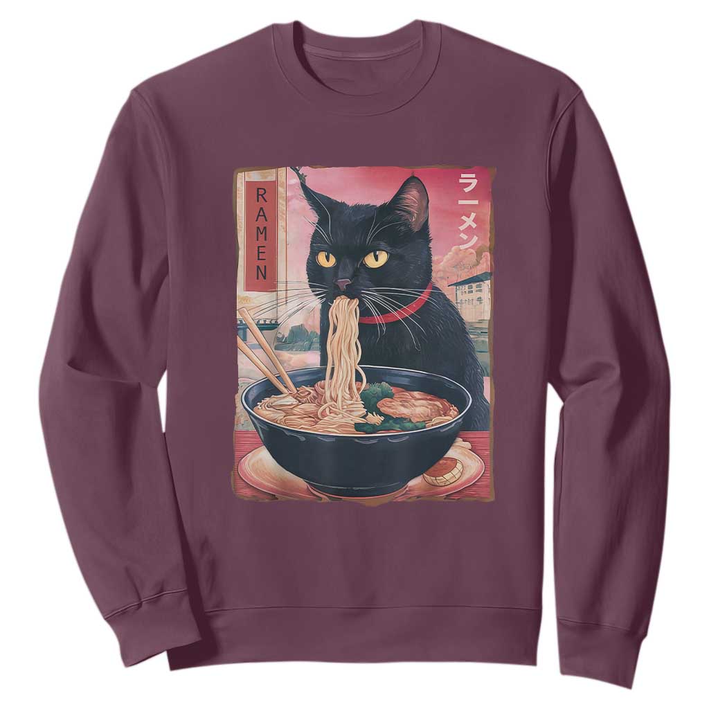 Sarcastic Black Cat Eating Ramen Sweatshirt Funny Japanese Kawaii Cats Anime Graphic TS02 Maroon Print Your Wear