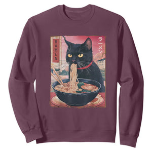 Sarcastic Black Cat Eating Ramen Sweatshirt Funny Japanese Kawaii Cats Anime Graphic TS02 Maroon Print Your Wear