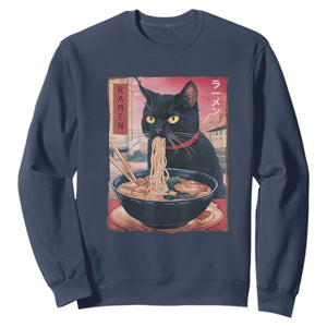 Sarcastic Black Cat Eating Ramen Sweatshirt Funny Japanese Kawaii Cats Anime Graphic TS02 Navy Print Your Wear