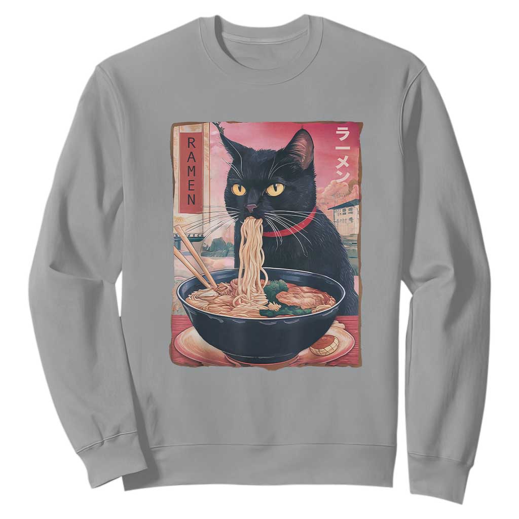 Sarcastic Black Cat Eating Ramen Sweatshirt Funny Japanese Kawaii Cats Anime Graphic TS02 Sport Gray Print Your Wear