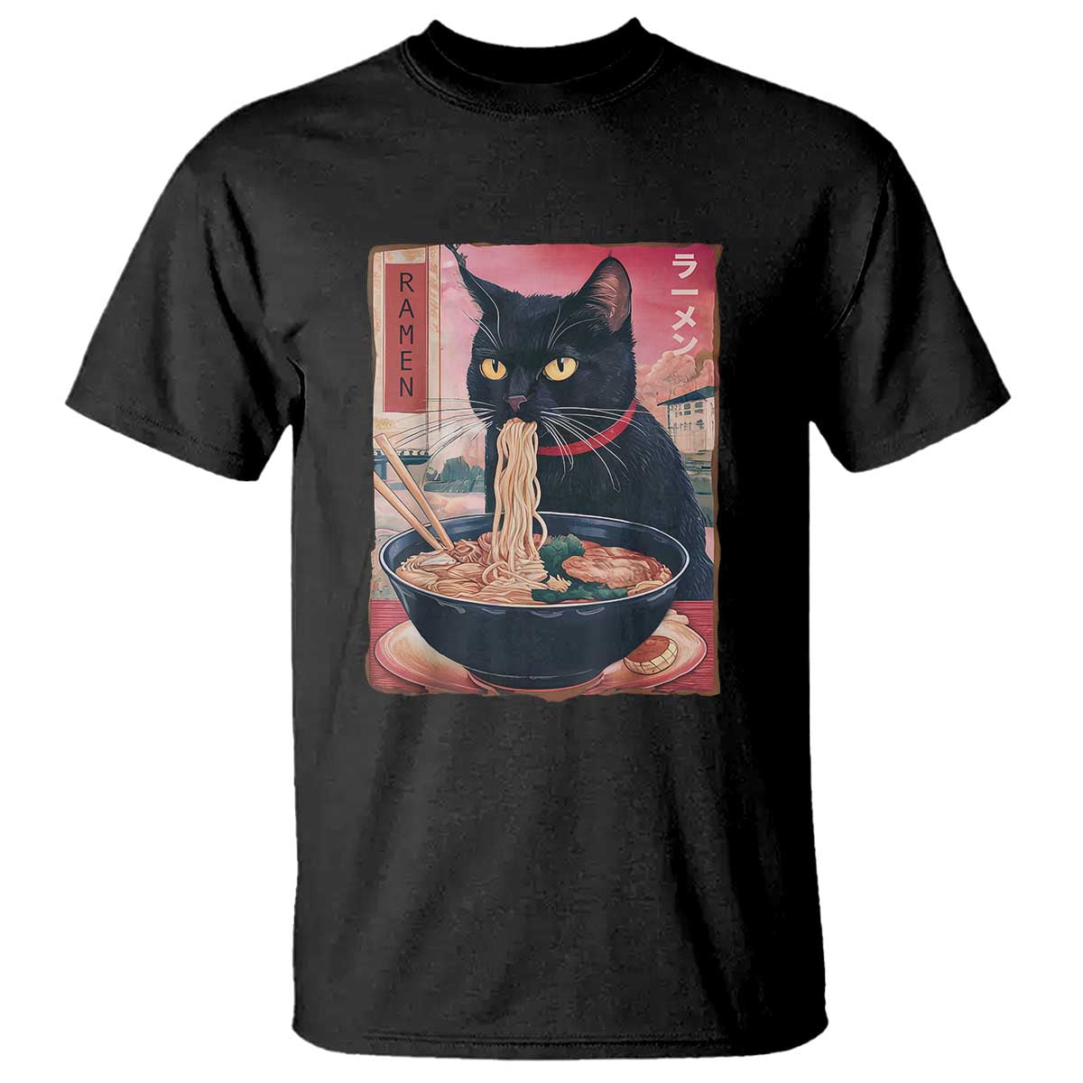 Sarcastic Black Cat Eating Ramen T Shirt Funny Japanese Kawaii Cats Anime Graphic TS02 Black Print Your Wear