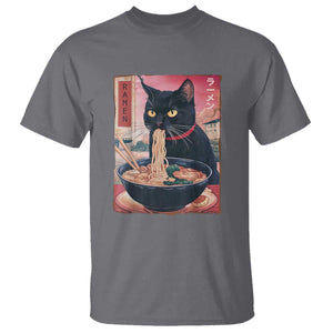 Sarcastic Black Cat Eating Ramen T Shirt Funny Japanese Kawaii Cats Anime Graphic TS02 Charcoal Print Your Wear